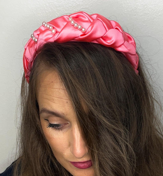 Handmade Braided Pink Satin Headband with Pearls