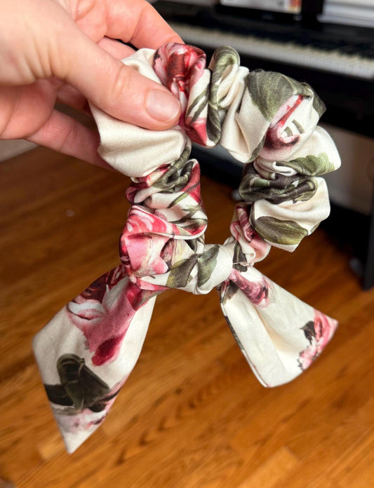 Floral Scrunchie With Tails - Rose Print Hair Tie Scarf