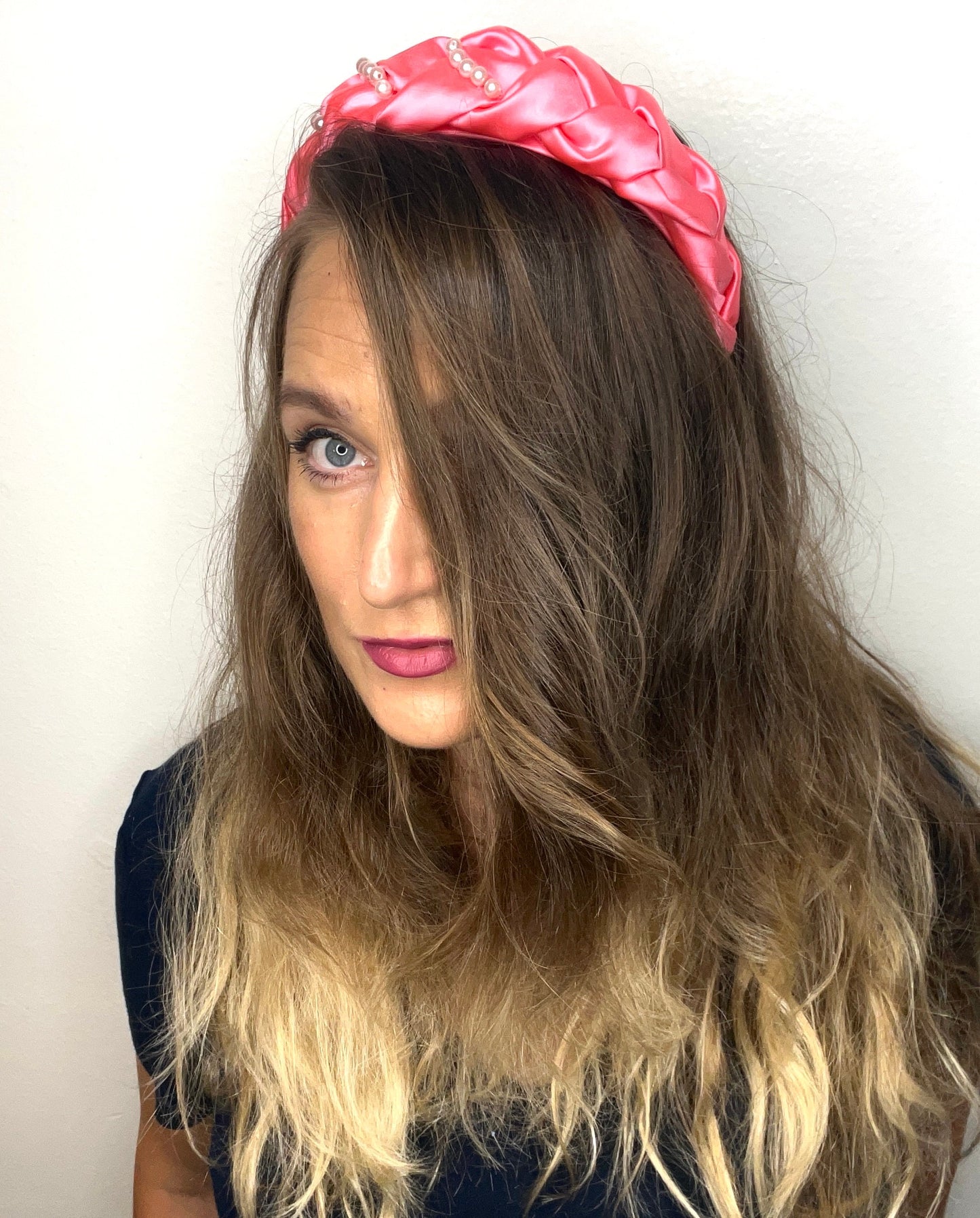 Handmade Braided Pink Satin Headband with Pearls