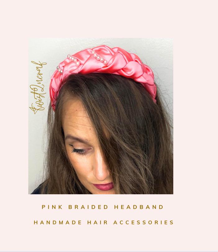 Handmade Braided Pink Satin Headband with Pearls