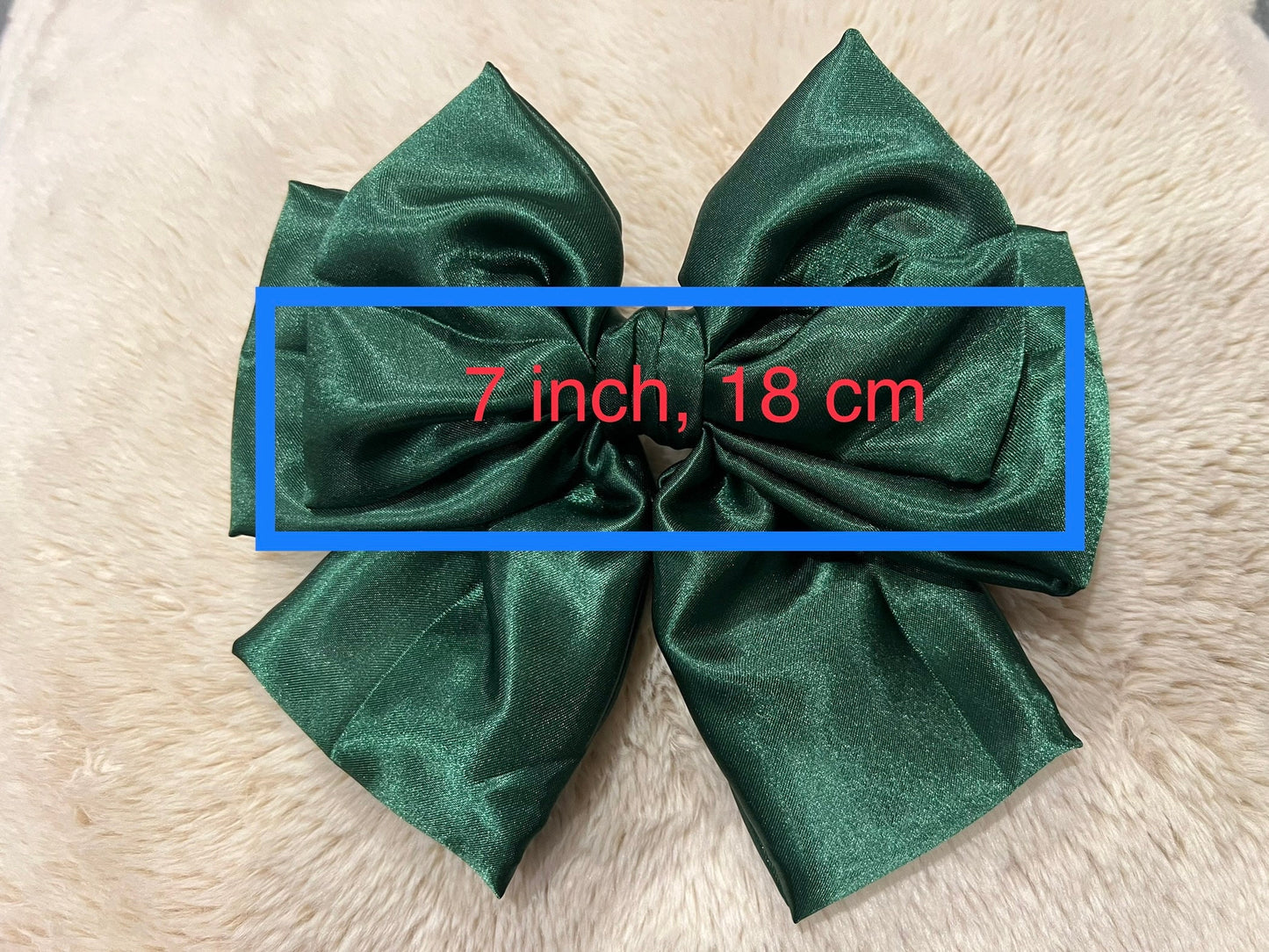 Green Satin Hair Bow with Clip: Handmade Women's Accessory