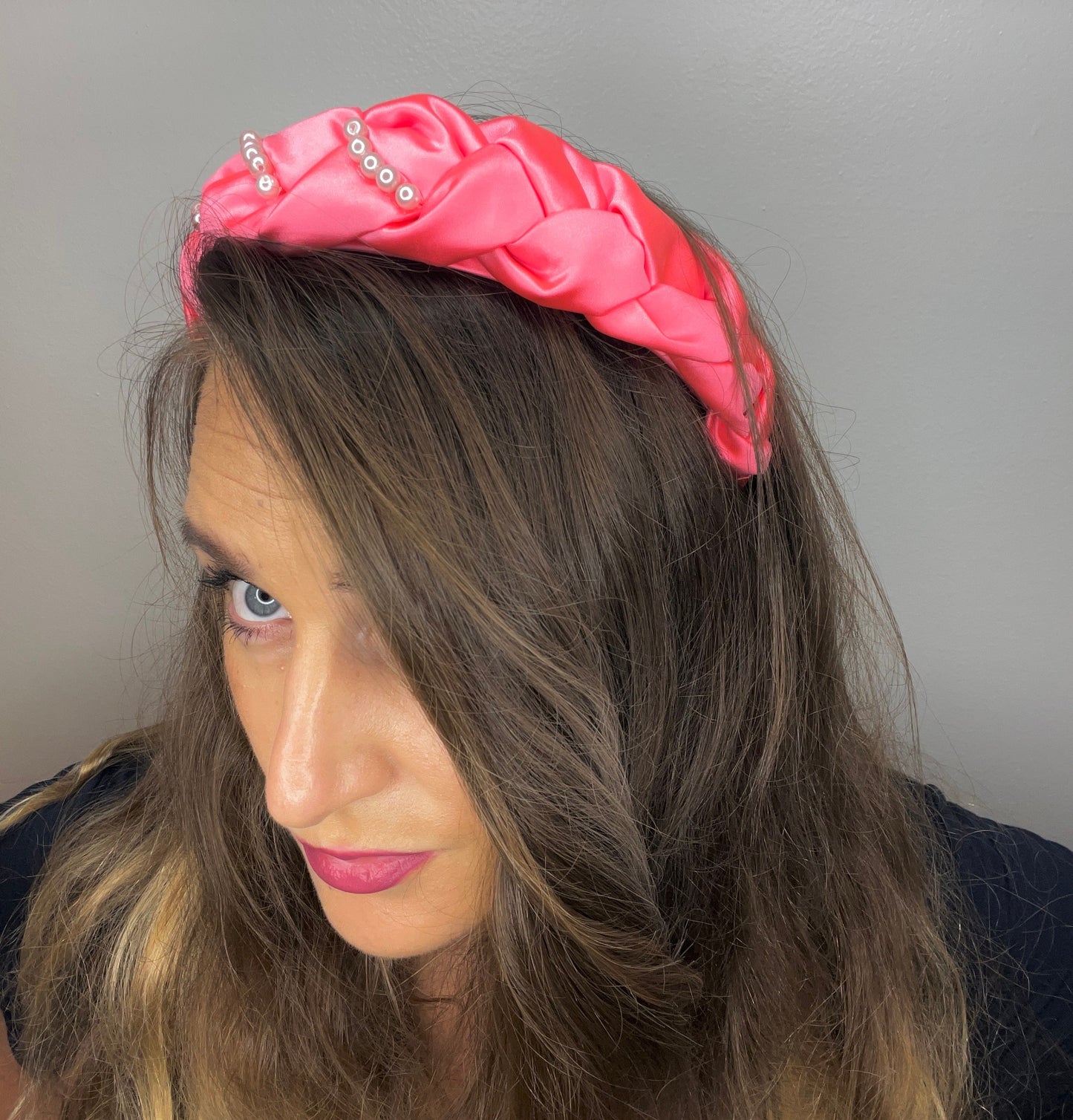 Handmade Braided Pink Satin Headband with Pearls
