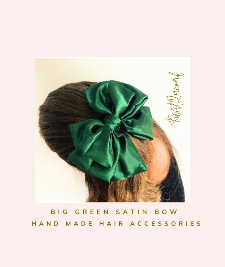 Green Satin Hair Bow with Clip: Handmade Women's Accessory