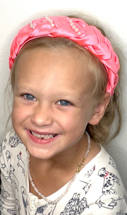 Handmade Braided Pink Satin Headband with Pearls