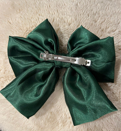 Green Satin Hair Bow with Clip: Handmade Women's Accessory