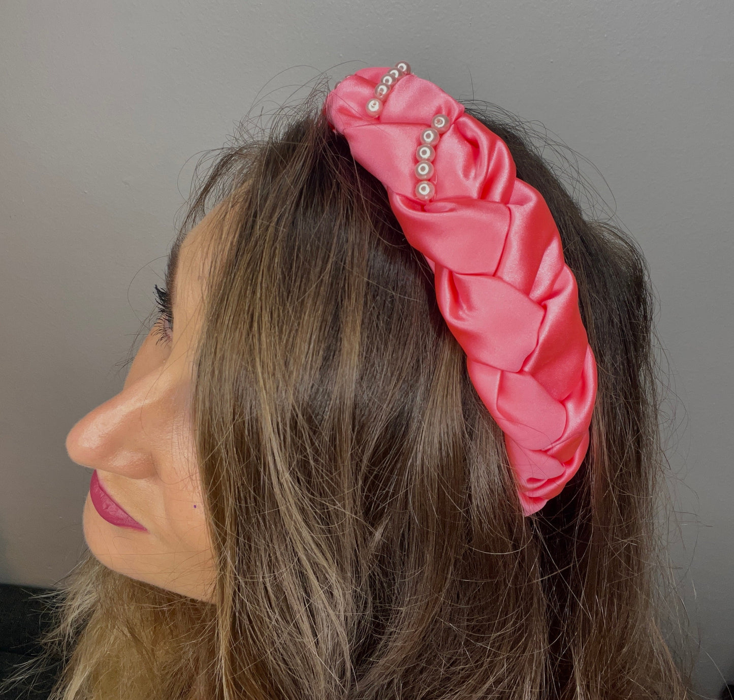 Handmade Braided Pink Satin Headband with Pearls