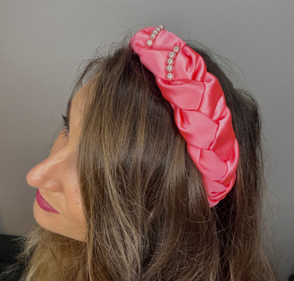 Handmade Braided Pink Satin Headband with Pearls