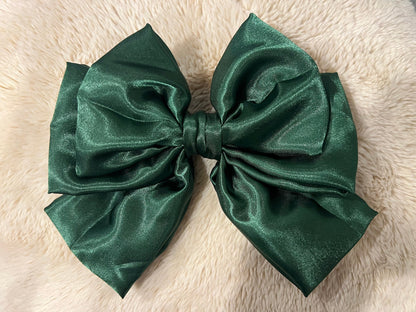 Green Satin Hair Bow with Clip: Handmade Women's Accessory