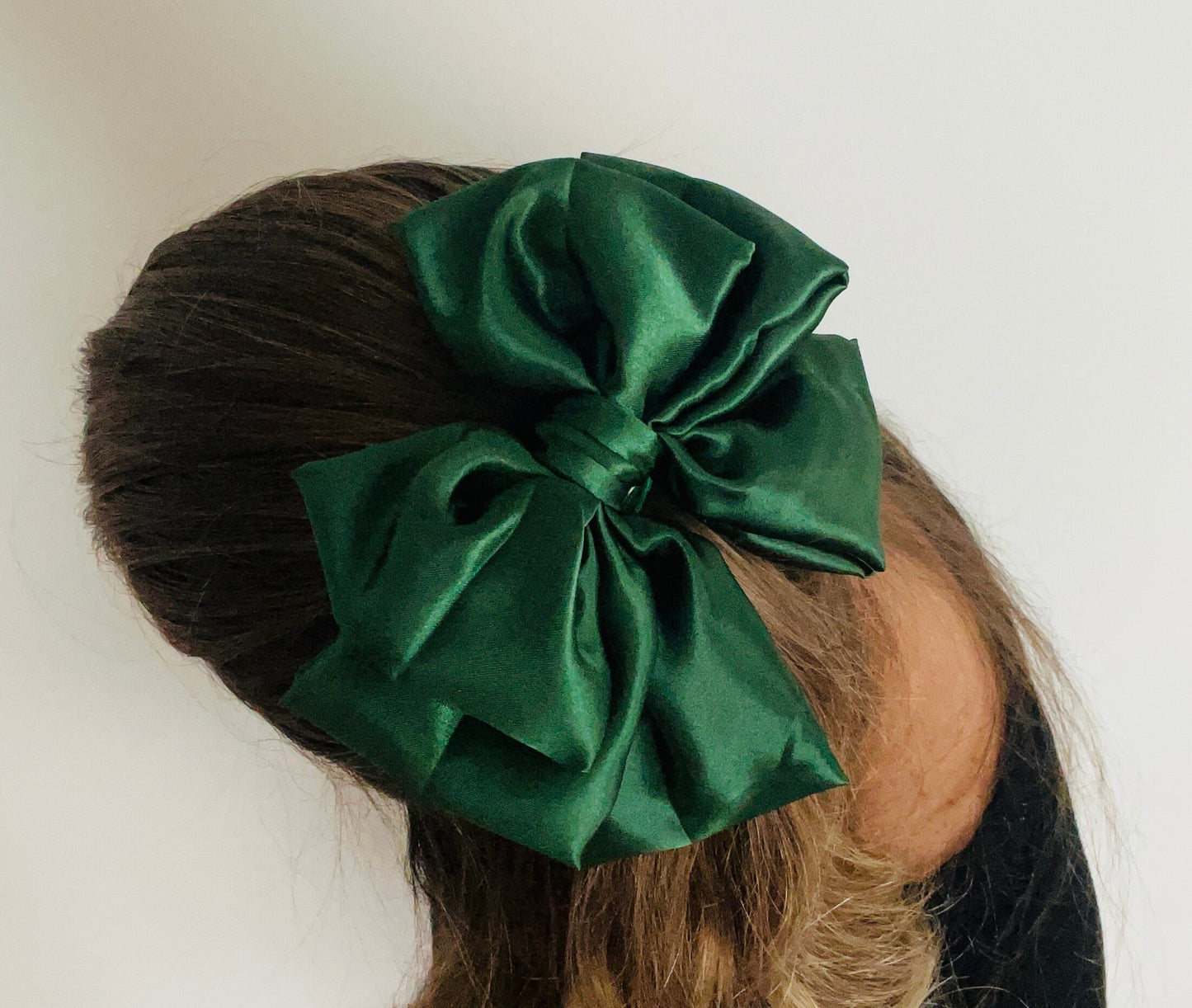 Green Satin Hair Bow with Clip: Handmade Women's Accessory