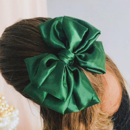Green Satin Hair Bow with Clip: Handmade Women's Accessory