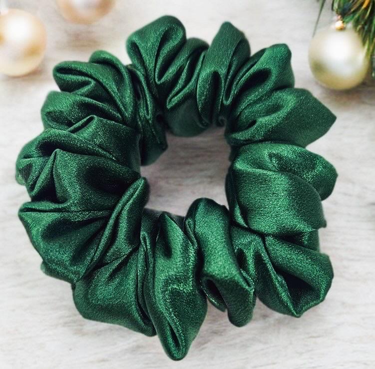 Christmas Scrunchie: Green Satin Holiday Hair Tie