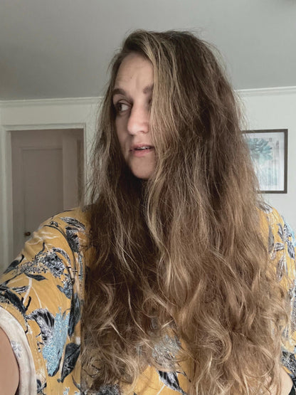 My curls after scrunchie curler, natural curls, no damage , green satin scrunchie curler