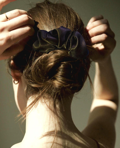 Black Silky Scrunchie Clip: French Barrette Ponytail Holder