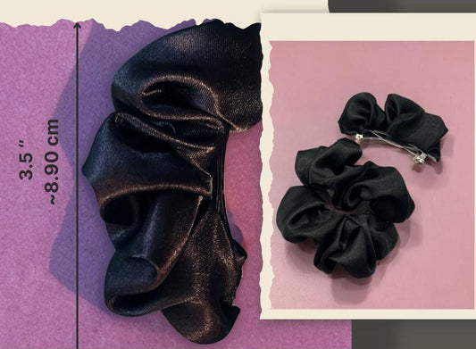 Black Satin Curly with Metallic Clip Barrette – Elevate your hairstyle with this elegant black satin curly barrette, featuring a sleek metallic clip for a secure hold. Perfect for adding a touch of sophistication to any look.