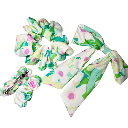 Floral Hair Accessories: Handmade Scrunchie, Bow, and Barrette