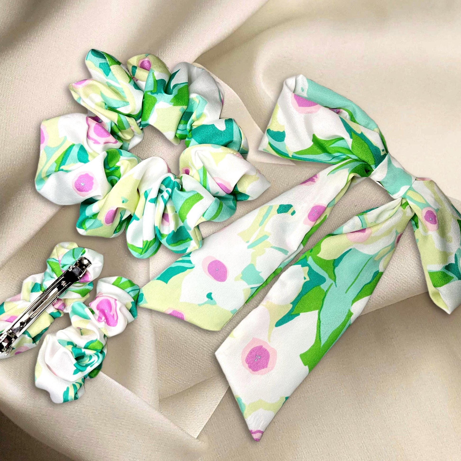 Floral Hair Accessories: Handmade Scrunchie, Bow, and Barrette