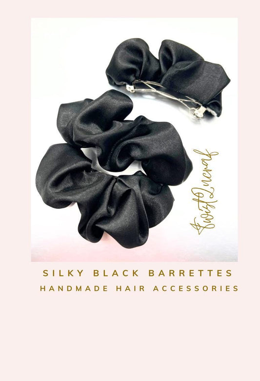 Black Silky Scrunchie Clip: French Barrette Ponytail Holder