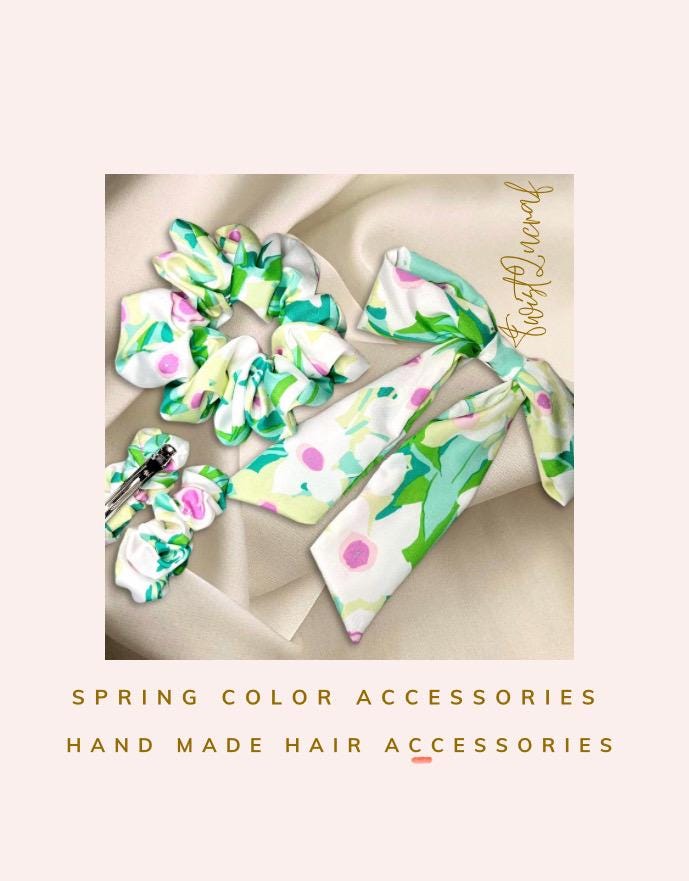 Floral Hair Accessories: Handmade Scrunchie, Bow, and Barrette