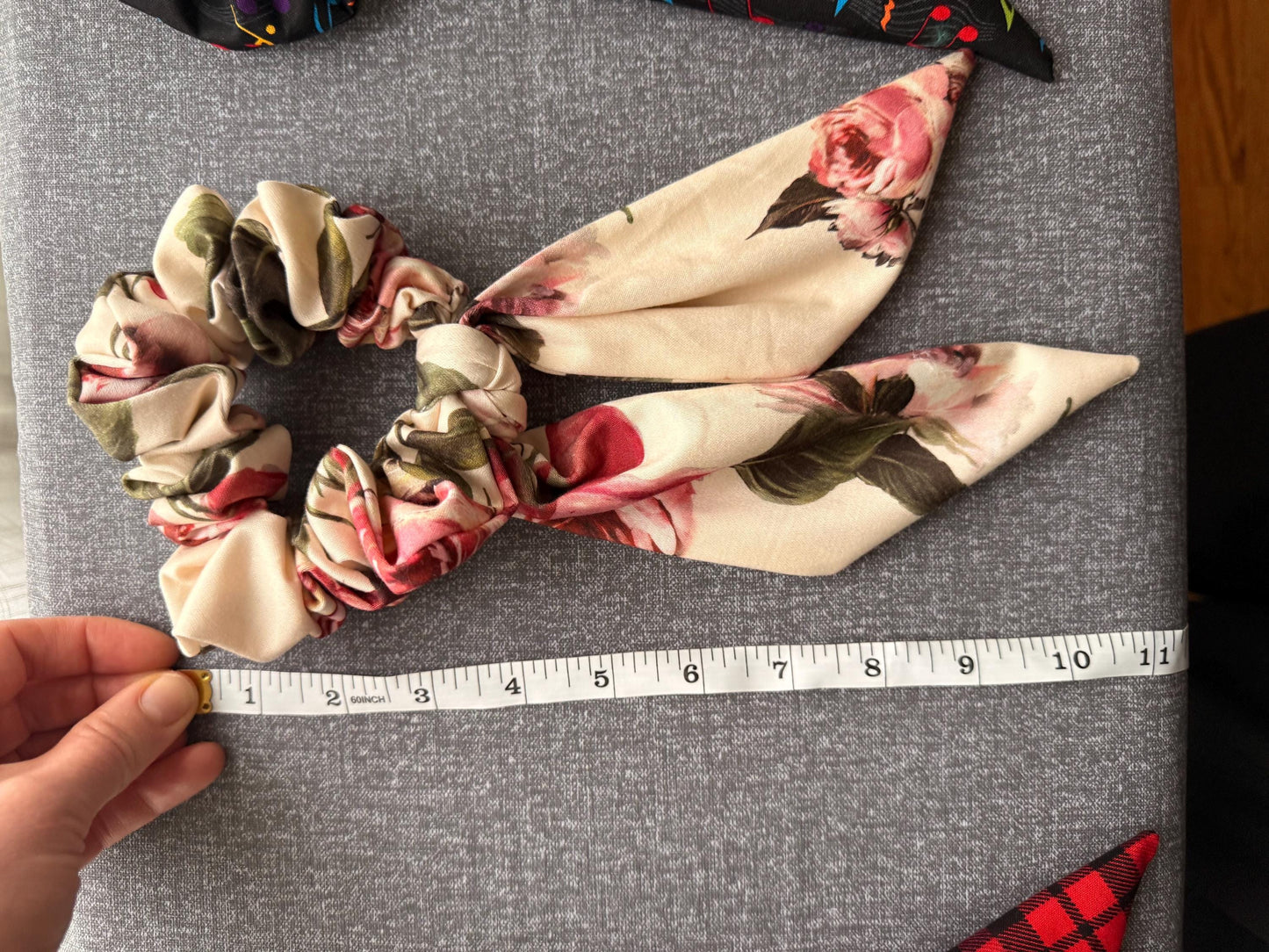 Floral Scrunchie With Tails - Rose Print Hair Tie Scarf