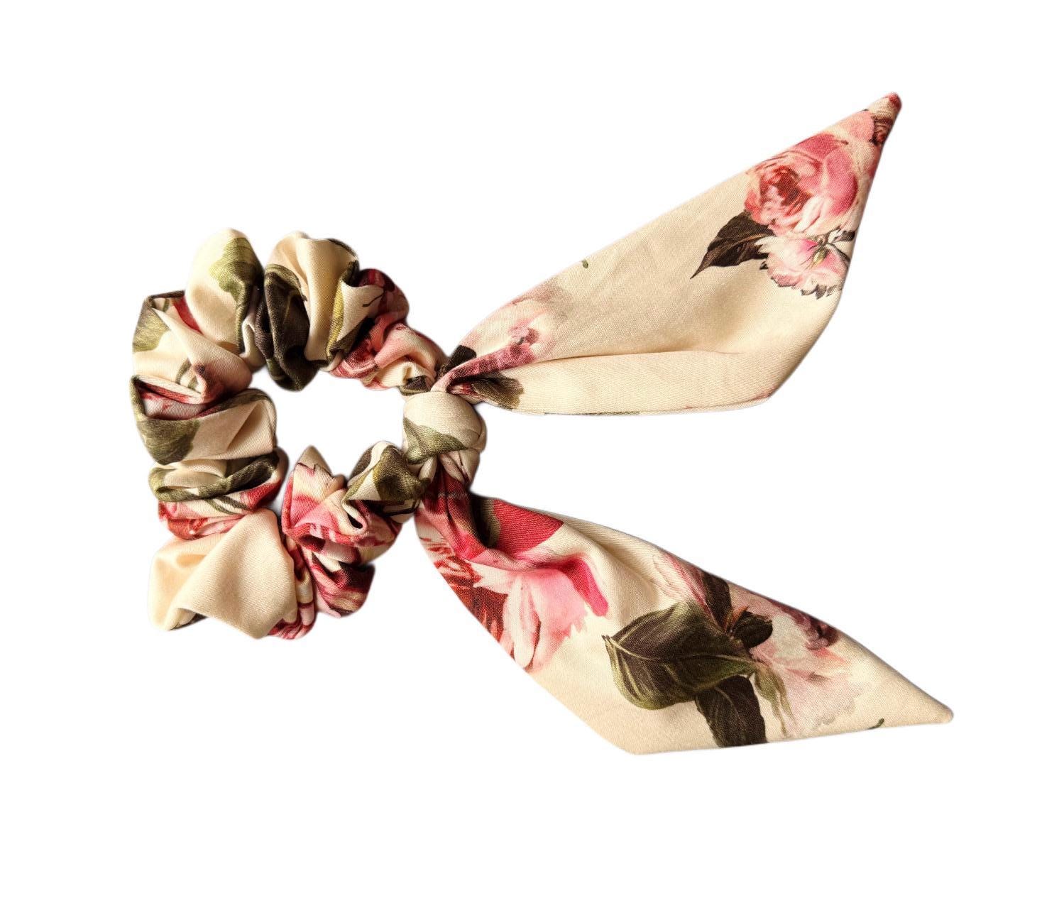 Floral Scrunchie With Tails - Rose Print Hair Tie Scarf
