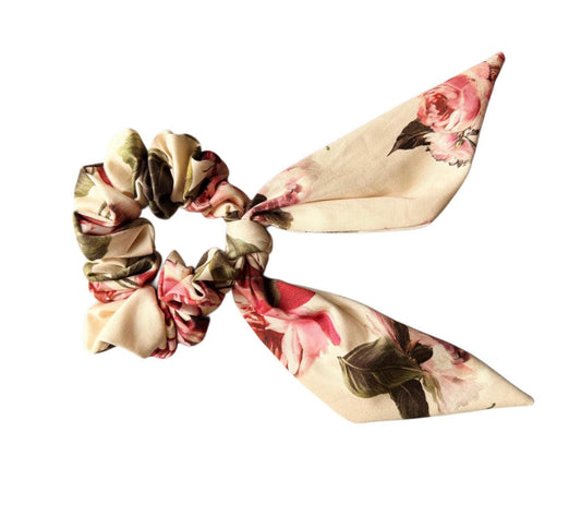 Floral Scrunchie With Tails - Rose Print Hair Tie Scarf
