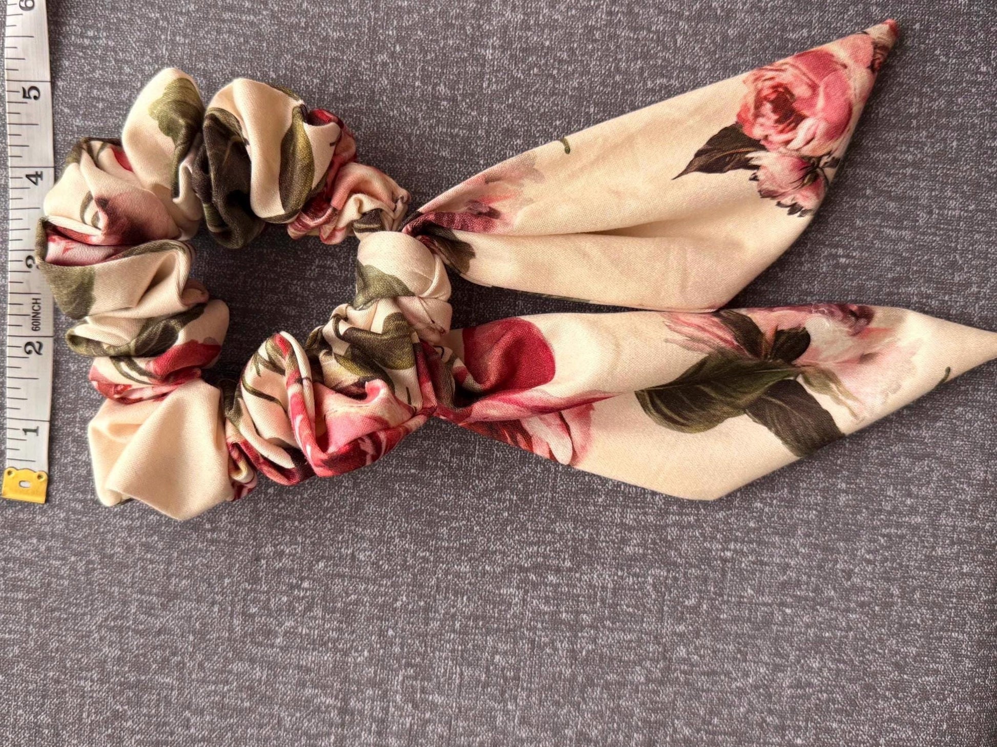 Floral Scrunchie With Tails - Rose Print Hair Tie Scarf