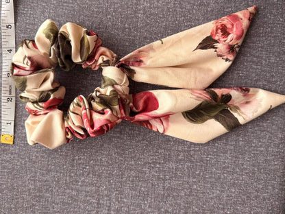 Floral Scrunchie With Tails - Rose Print Hair Tie Scarf