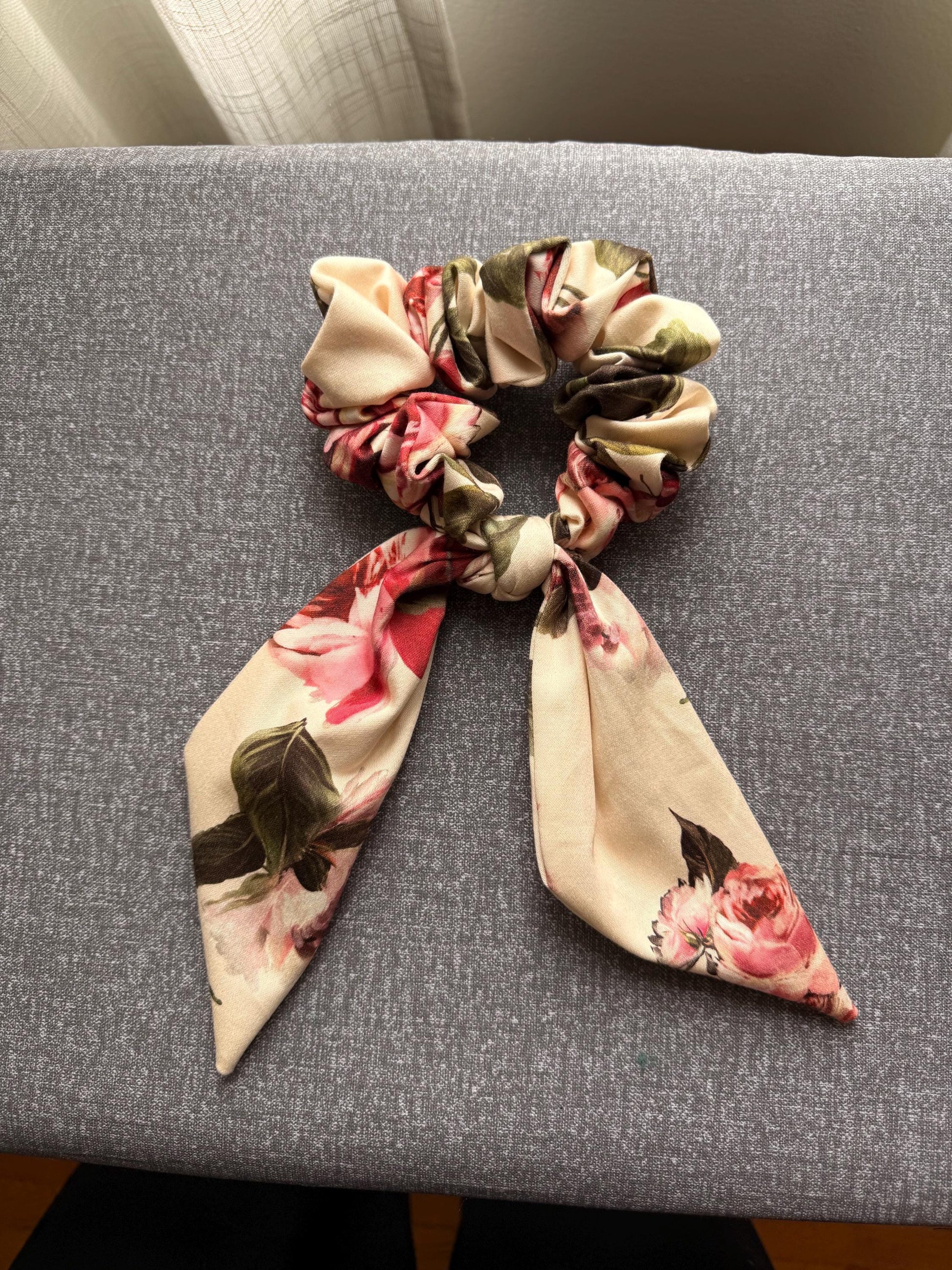 Floral Scrunchie With Tails - Rose Print Hair Tie Scarf