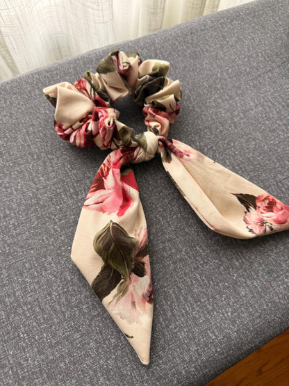 Floral Scrunchie With Tails - Rose Print Hair Tie Scarf